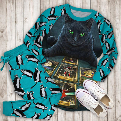 Wiccan Cat The Tarot Reader Pajama Set |Sleepwear Pjs Sets | Raglan Shirt Pants Set
