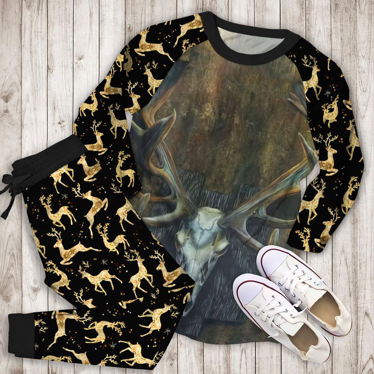 Deer Deer Skull Pajama Set | Pajamas | Cotton Sleepwear Sets | Soft Long Sleeve Pjs | Raglan Shirt and Pants Set