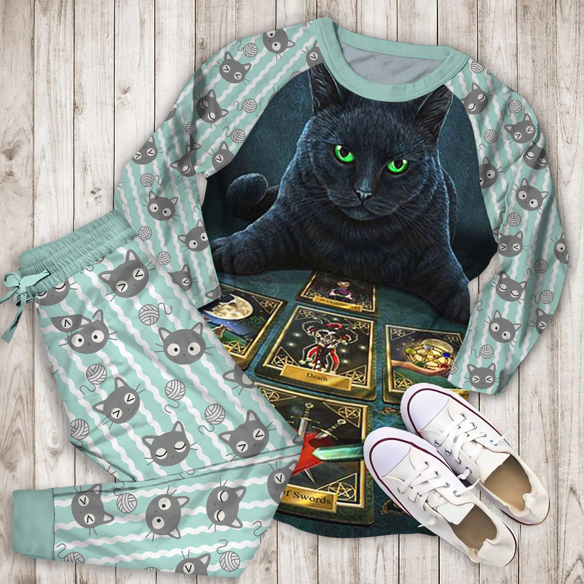 Wiccan Cat The Tarot Reader Pajama Set |Sleepwear Pjs Sets | Raglan Shirt Pants Set