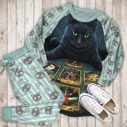 Wiccan Cat The Tarot Reader Pajama Set |Sleepwear Pjs Sets | Raglan Shirt Pants Set