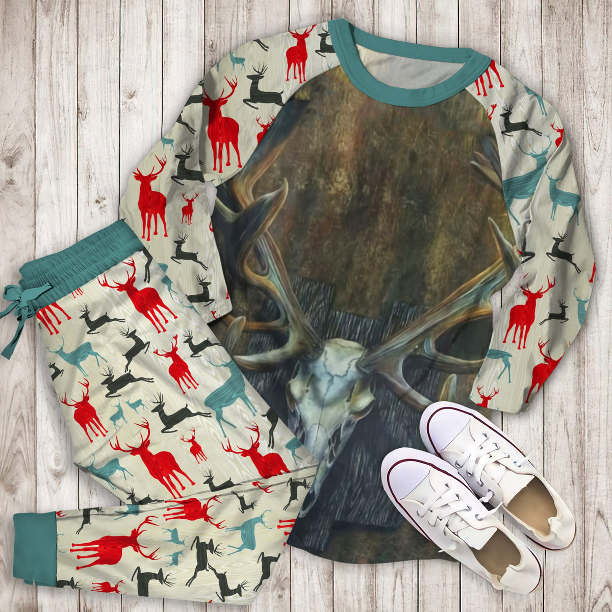 Deer Deer Skull Pajama Set | Pajamas | Cotton Sleepwear Sets | Soft Long Sleeve Pjs | Raglan Shirt and Pants Set