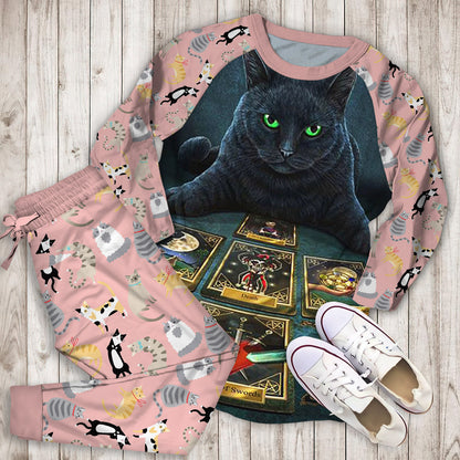 Wiccan Cat The Tarot Reader Pajama Set |Sleepwear Pjs Sets | Raglan Shirt Pants Set