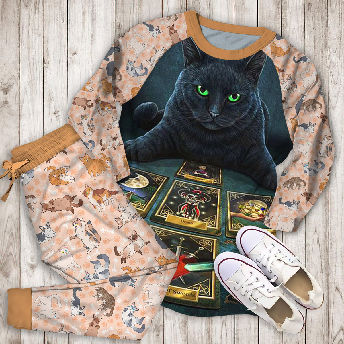 Wiccan Cat The Tarot Reader Pajama Set |Sleepwear Pjs Sets | Raglan Shirt Pants Set