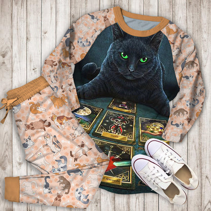 Wiccan Cat The Tarot Reader Pajama Set |Sleepwear Pjs Sets | Raglan Shirt Pants Set