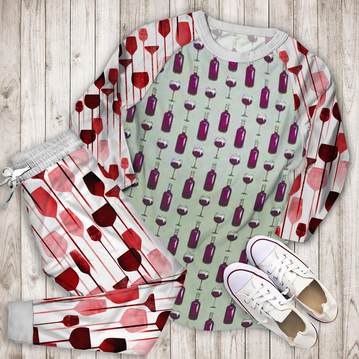 Wine Bottle Pattern Pajama Set |Sleepwear Pjs Sets | Raglan Shirt Pants Set