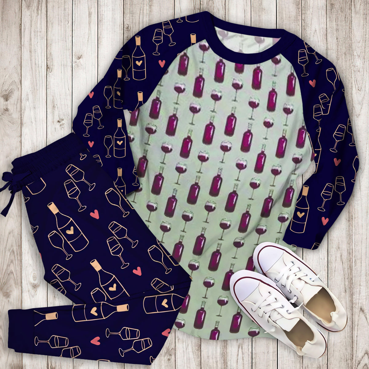 Wine Bottle Pattern Pajama Set |Sleepwear Pjs Sets | Raglan Shirt Pants Set