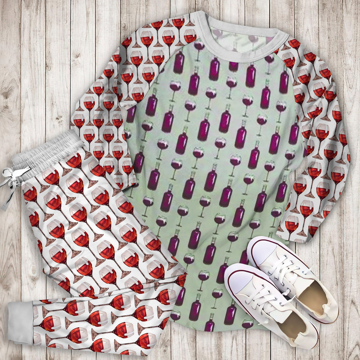 Wine Bottle Pattern Pajama Set |Sleepwear Pjs Sets | Raglan Shirt Pants Set