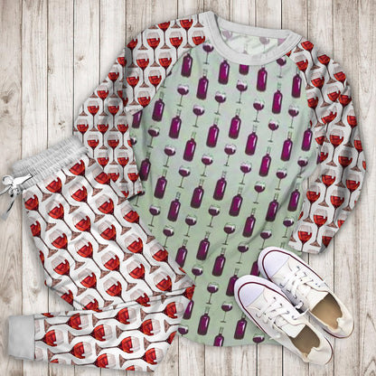 Wine Bottle Pattern Pajama Set |Sleepwear Pjs Sets | Raglan Shirt Pants Set