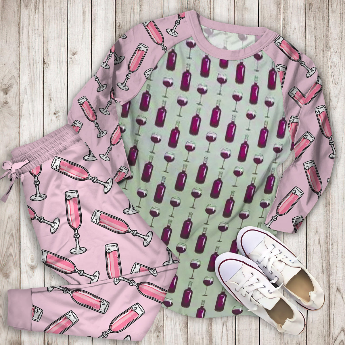 Wine Bottle Pattern Pajama Set |Sleepwear Pjs Sets | Raglan Shirt Pants Set