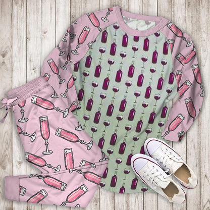 Wine Bottle Pattern Pajama Set |Sleepwear Pjs Sets | Raglan Shirt Pants Set