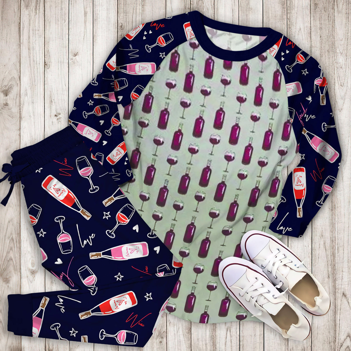 Wine Bottle Pattern Pajama Set |Sleepwear Pjs Sets | Raglan Shirt Pants Set