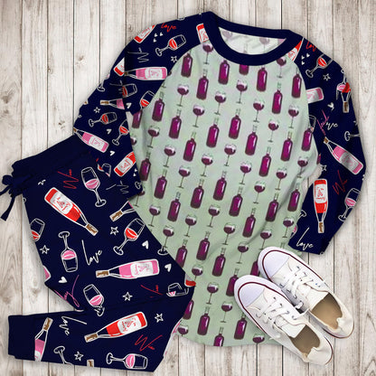 Wine Bottle Pattern Pajama Set |Sleepwear Pjs Sets | Raglan Shirt Pants Set