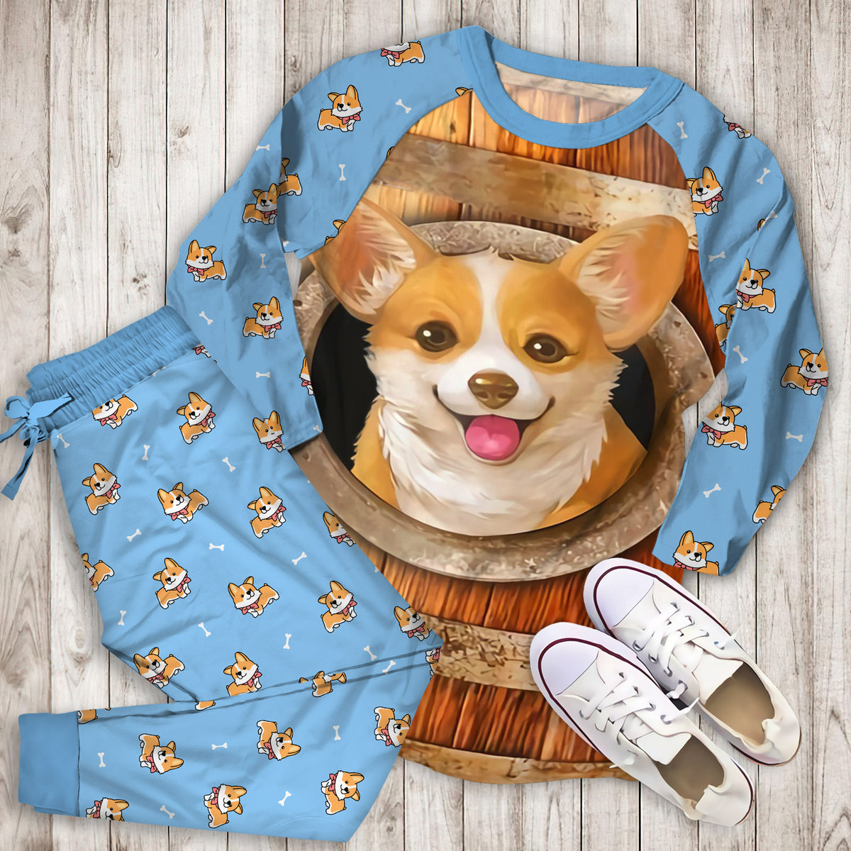 Corgi Hide And Seek Personalized Name Pajama Set | Pajamas | Cotton Sleepwear Sets | Soft Long Sleeve Pjs | Raglan Shirt and Pants Set