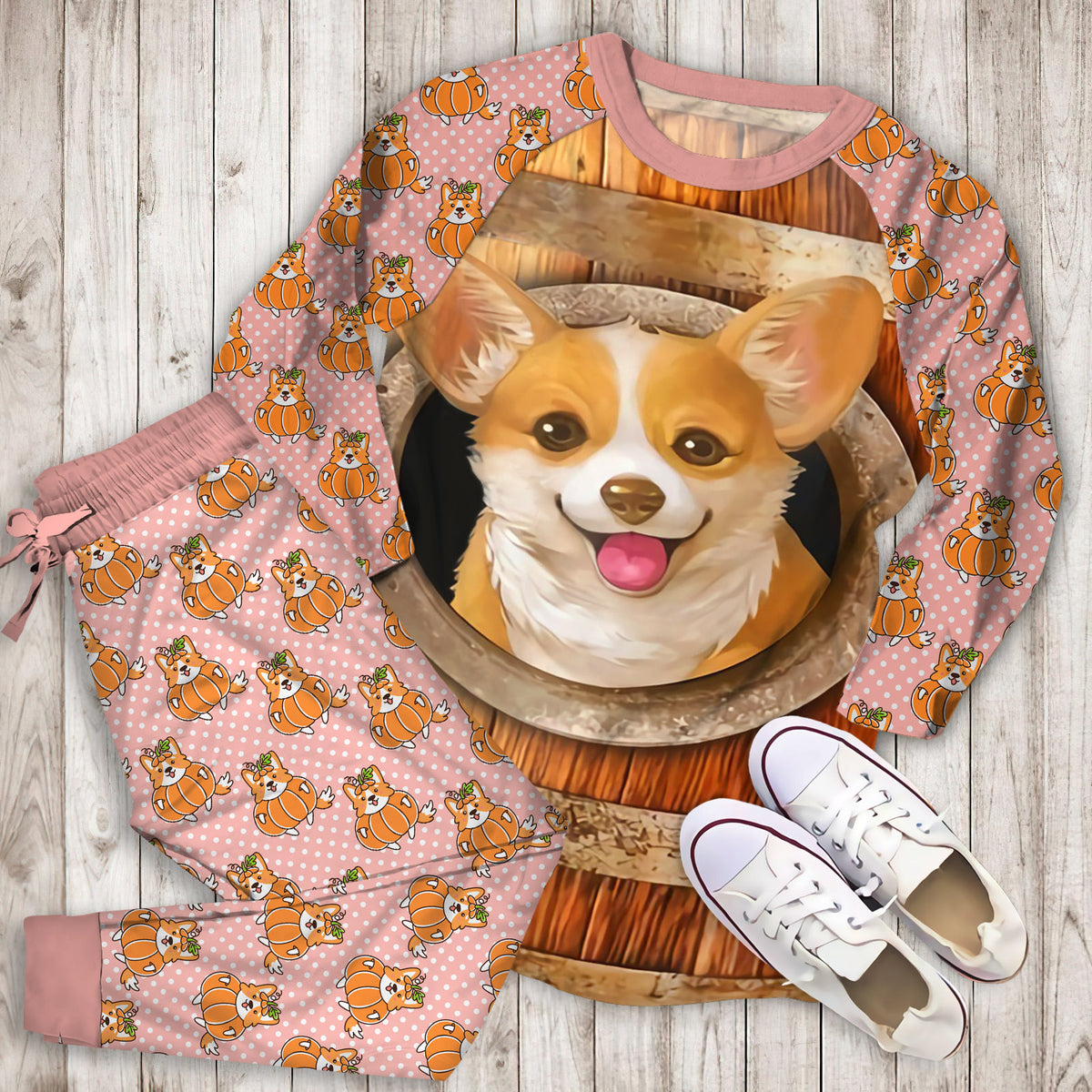 Corgi Hide And Seek Personalized Name Pajama Set | Pajamas | Cotton Sleepwear Sets | Soft Long Sleeve Pjs | Raglan Shirt and Pants Set