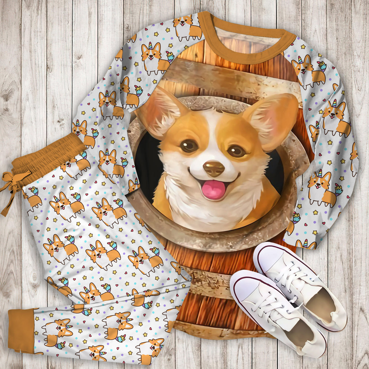 Corgi Hide And Seek Personalized Name Pajama Set | Pajamas | Cotton Sleepwear Sets | Soft Long Sleeve Pjs | Raglan Shirt and Pants Set