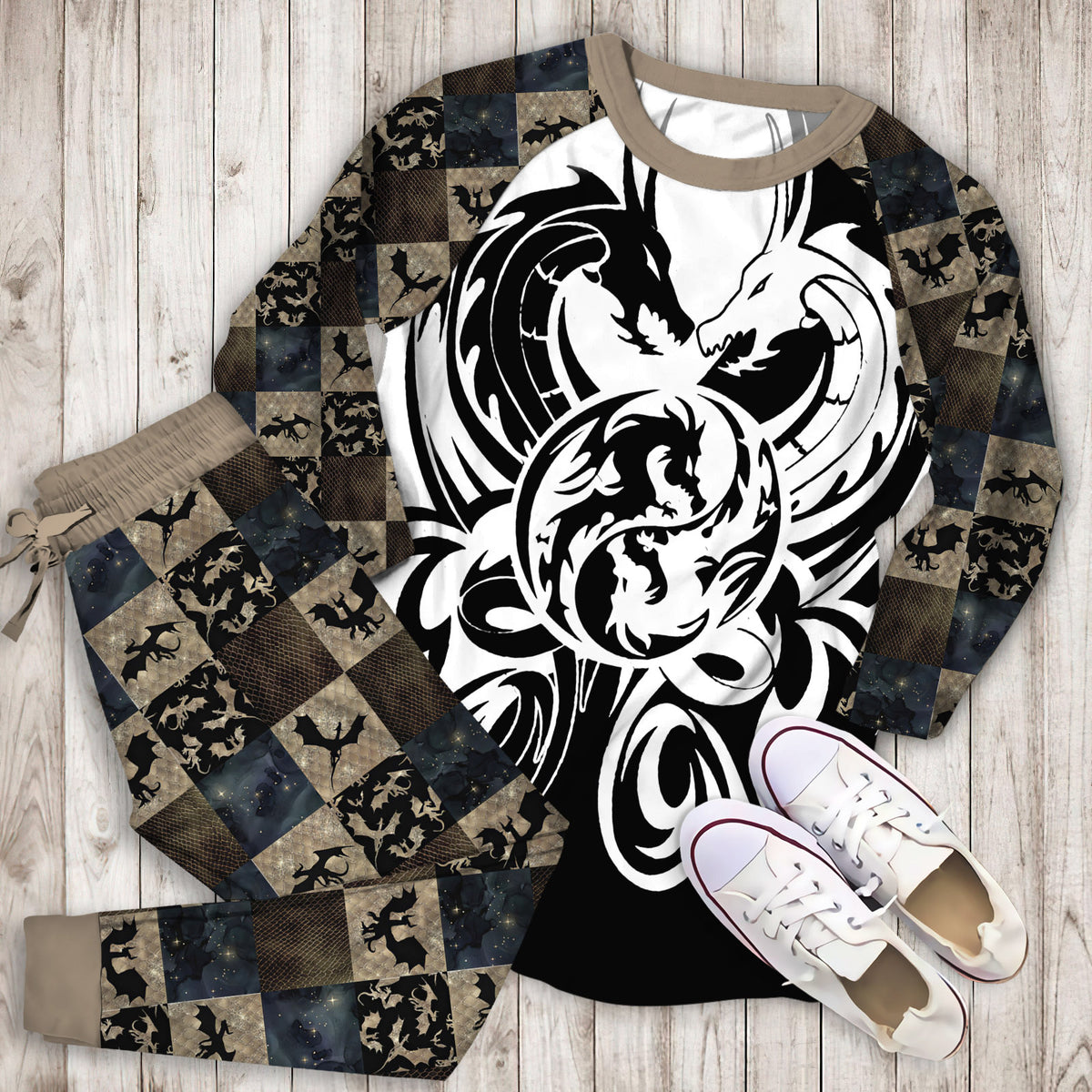 White Dragon Pajama Set |Sleepwear Pjs Sets | Raglan Shirt Pants Set