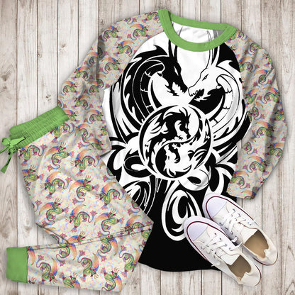 White Dragon Pajama Set |Sleepwear Pjs Sets | Raglan Shirt Pants Set
