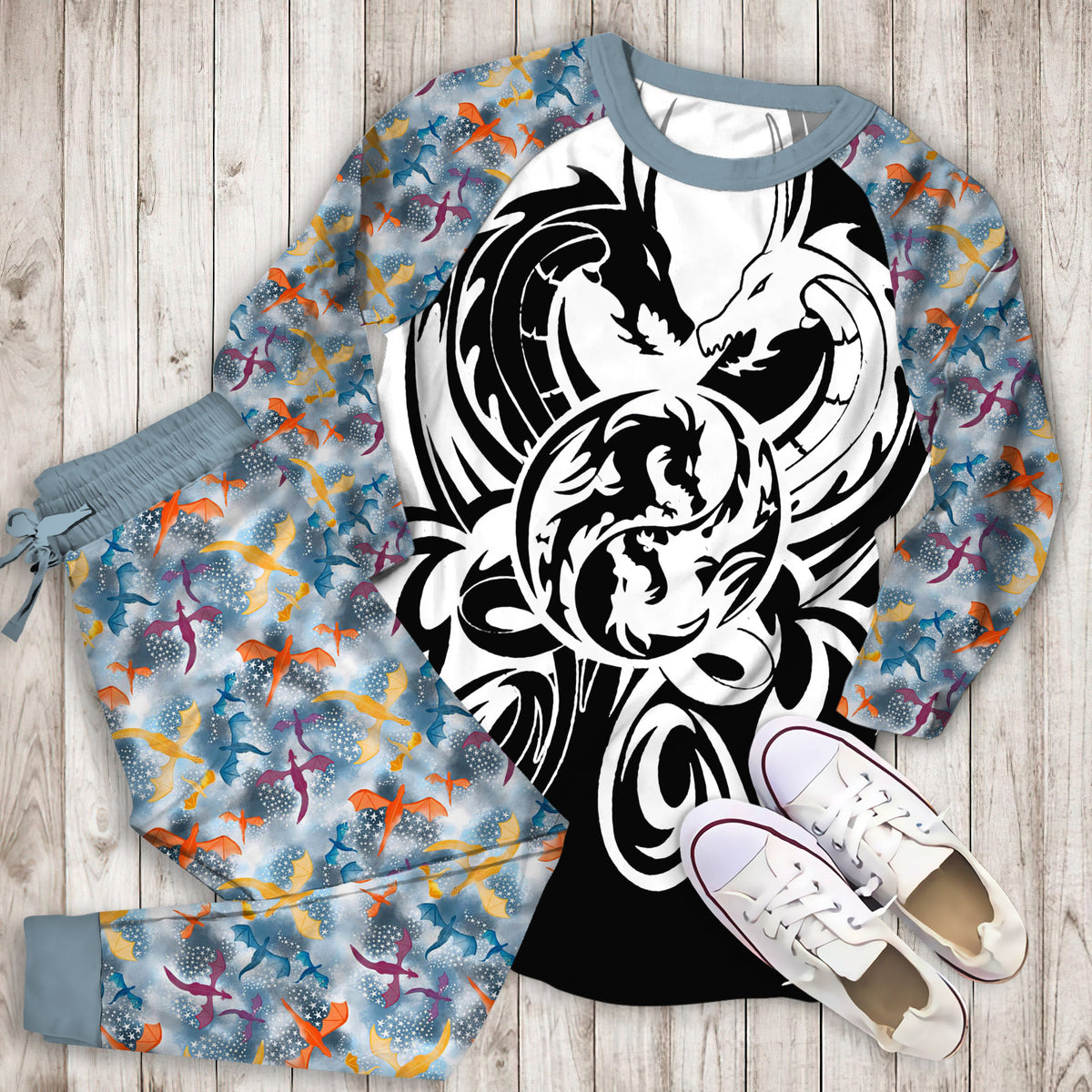 White Dragon Pajama Set |Sleepwear Pjs Sets | Raglan Shirt Pants Set