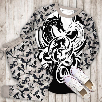 White Dragon Pajama Set |Sleepwear Pjs Sets | Raglan Shirt Pants Set
