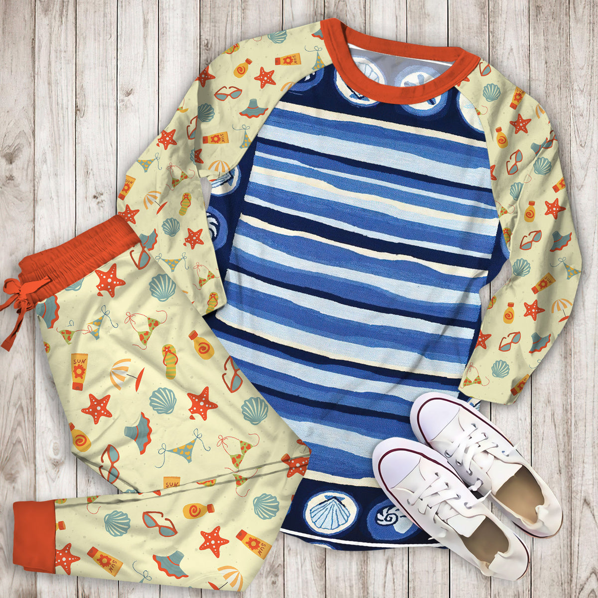 Coastal Stripes And Pajama Set | Pajamas | Cotton Sleepwear Sets | Soft Long Sleeve Pjs | Raglan Shirt and Pants Set