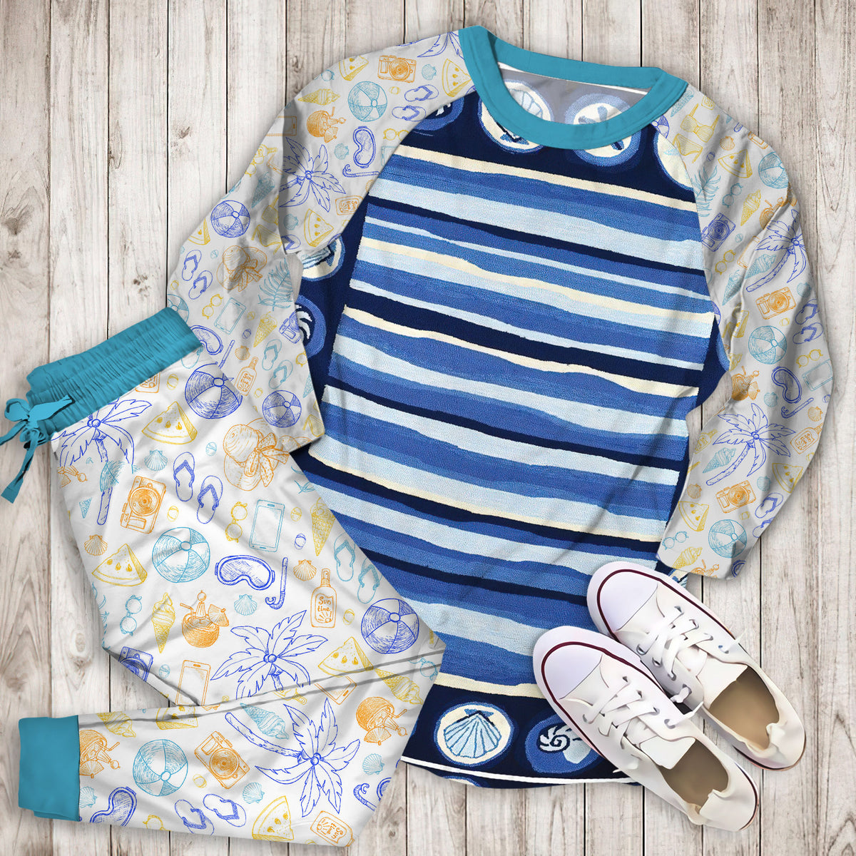 Coastal Stripes And Pajama Set | Pajamas | Cotton Sleepwear Sets | Soft Long Sleeve Pjs | Raglan Shirt and Pants Set