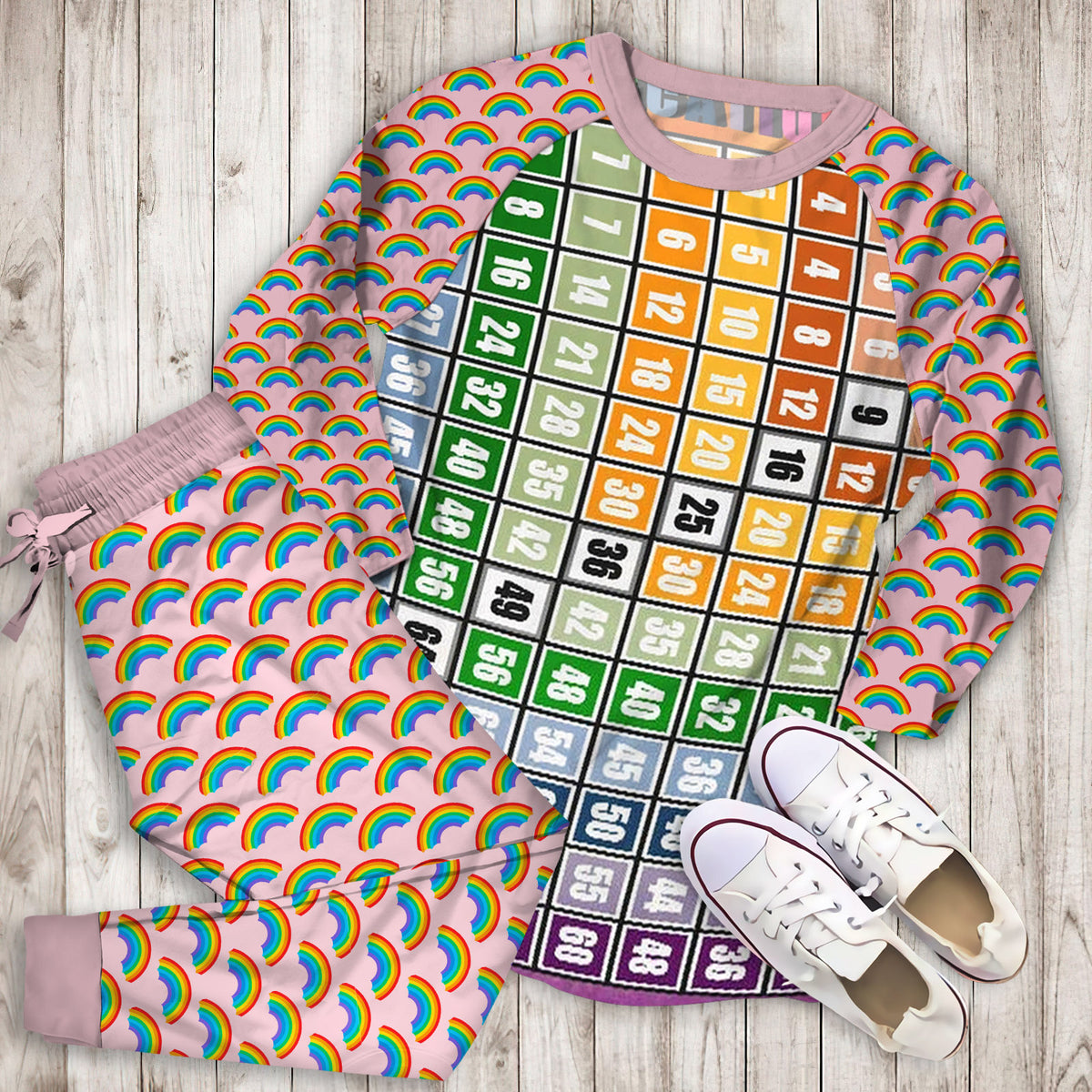 Rainbow Multiplication Chart Pajama Set |Sleepwear Pjs Sets | Raglan Shirt Pants Set