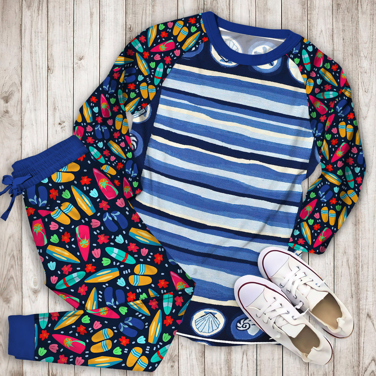 Coastal Stripes And Pajama Set | Pajamas | Cotton Sleepwear Sets | Soft Long Sleeve Pjs | Raglan Shirt and Pants Set