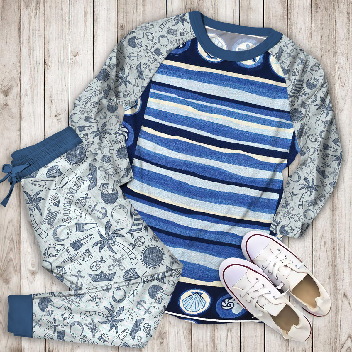 Coastal Stripes And Pajama Set | Pajamas | Cotton Sleepwear Sets | Soft Long Sleeve Pjs | Raglan Shirt and Pants Set