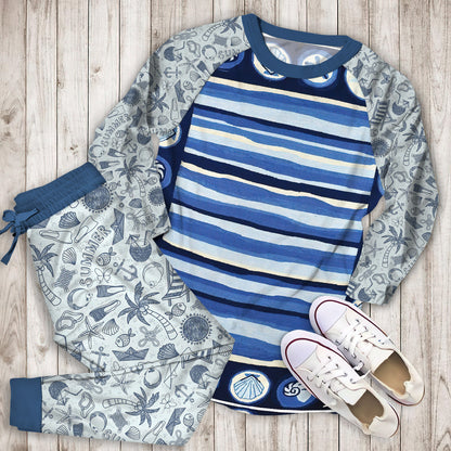 Coastal Stripes And Pajama Set | Pajamas | Cotton Sleepwear Sets | Soft Long Sleeve Pjs | Raglan Shirt and Pants Set