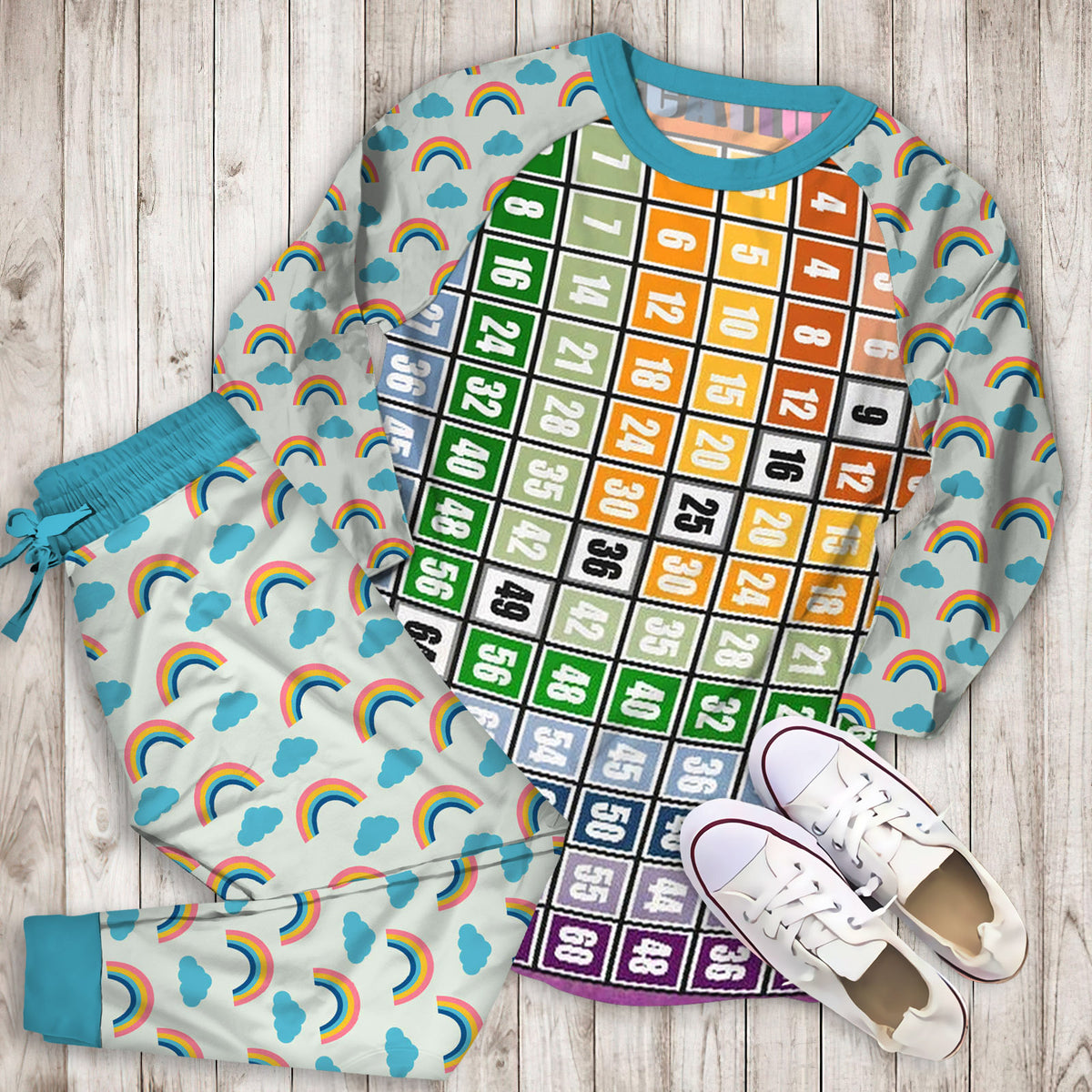 Rainbow Multiplication Chart Pajama Set |Sleepwear Pjs Sets | Raglan Shirt Pants Set