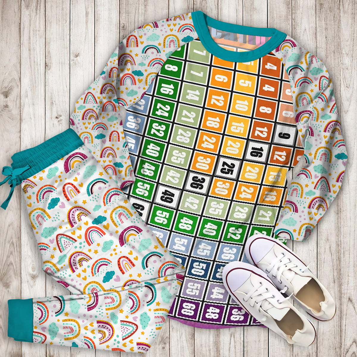 Rainbow Multiplication Chart Pajama Set |Sleepwear Pjs Sets | Raglan Shirt Pants Set