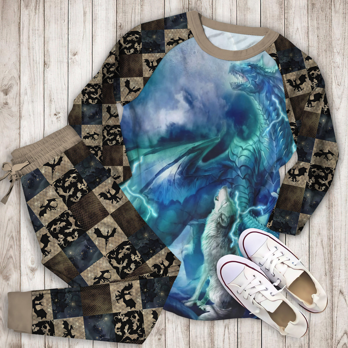 Moonsong Dragon Wolf Pajama Set |Sleepwear Pjs Sets | Raglan Shirt Pants Set