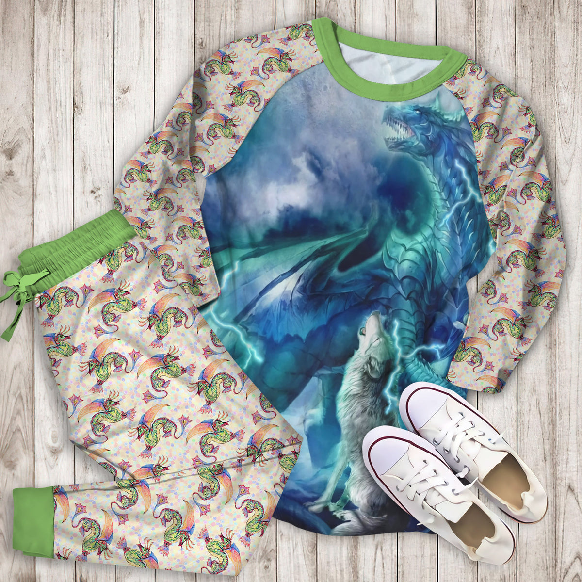 Moonsong Dragon Wolf Pajama Set |Sleepwear Pjs Sets | Raglan Shirt Pants Set