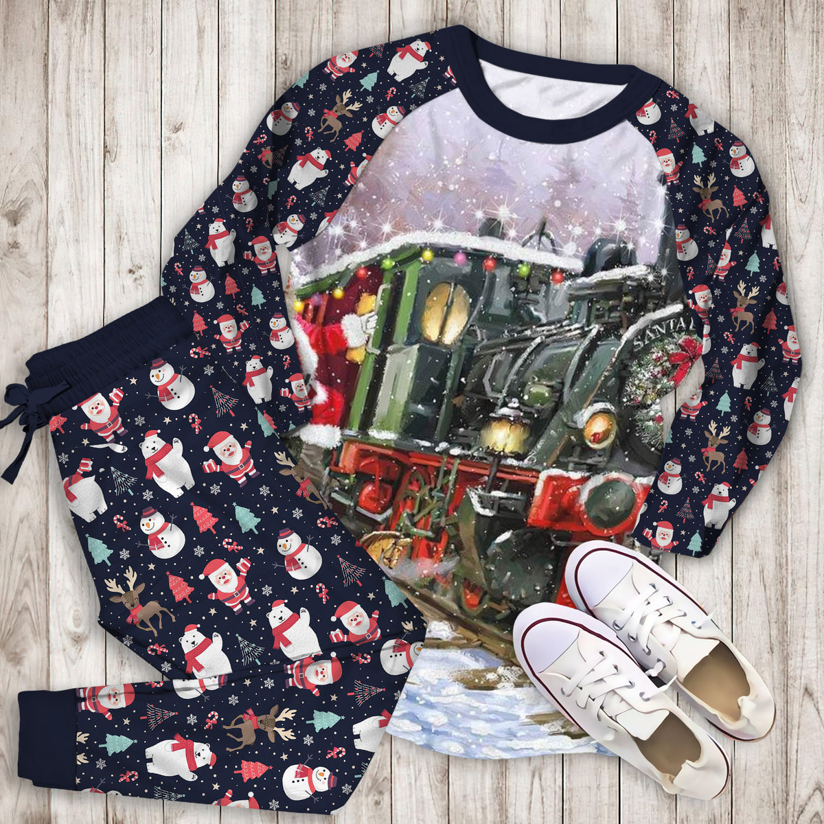 Christmas Reindeer Santa Claus Pajama Set | Pajamas | Cotton Sleepwear Sets | Soft Long Sleeve Pjs | Raglan Shirt and Pants Set