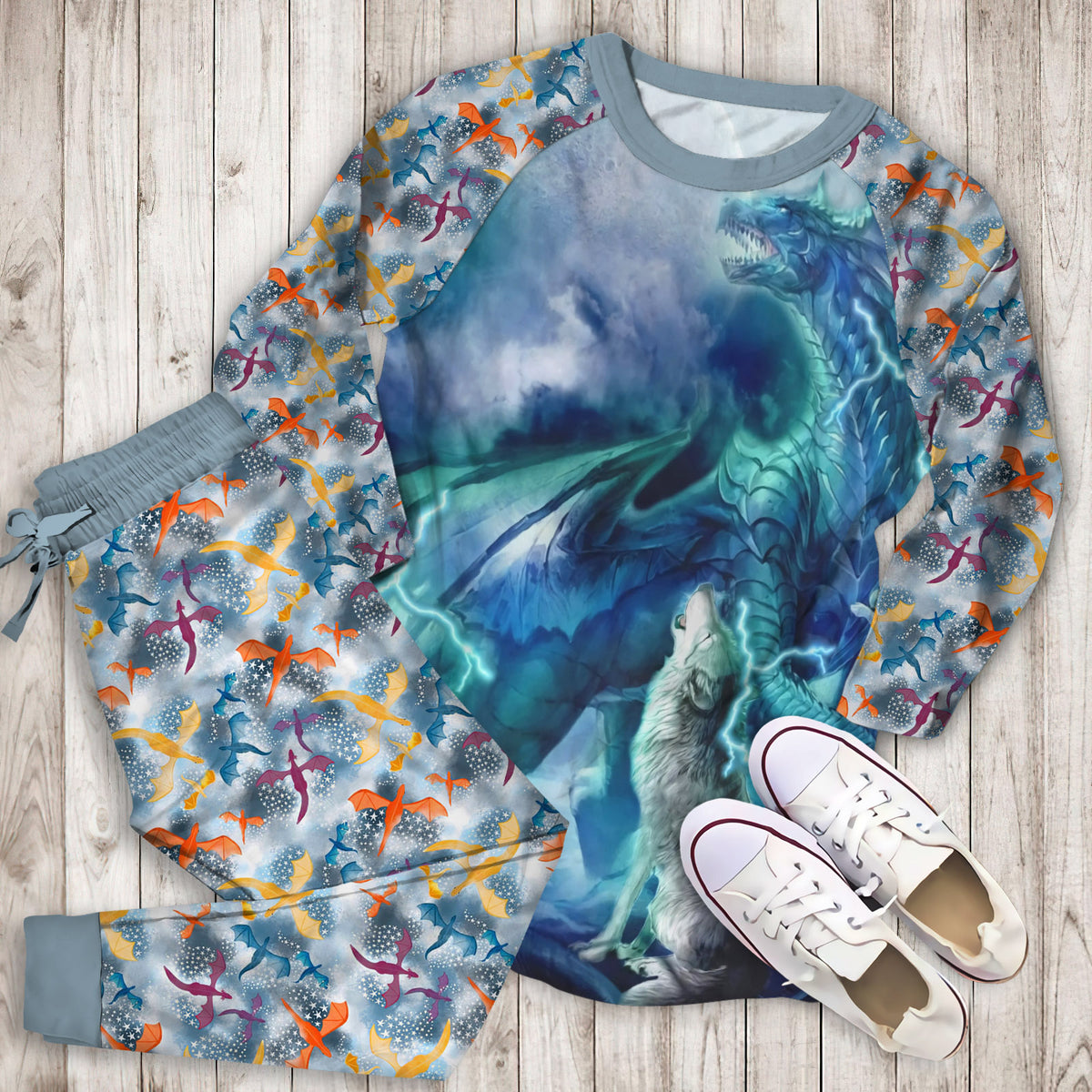 Moonsong Dragon Wolf Pajama Set |Sleepwear Pjs Sets | Raglan Shirt Pants Set