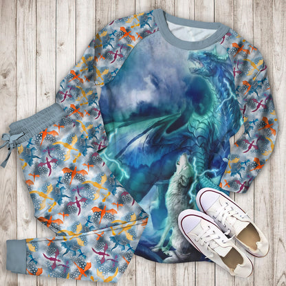 Moonsong Dragon Wolf Pajama Set |Sleepwear Pjs Sets | Raglan Shirt Pants Set