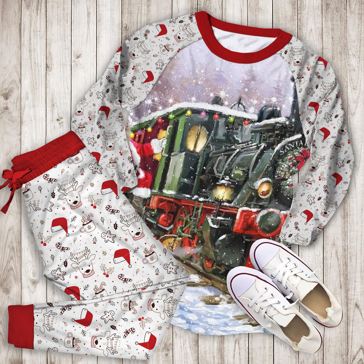 Christmas Reindeer Santa Claus Pajama Set | Pajamas | Cotton Sleepwear Sets | Soft Long Sleeve Pjs | Raglan Shirt and Pants Set