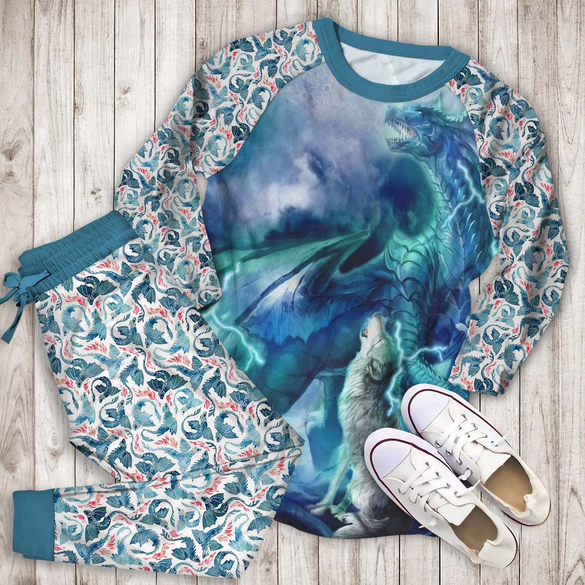 Moonsong Dragon Wolf Pajama Set |Sleepwear Pjs Sets | Raglan Shirt Pants Set
