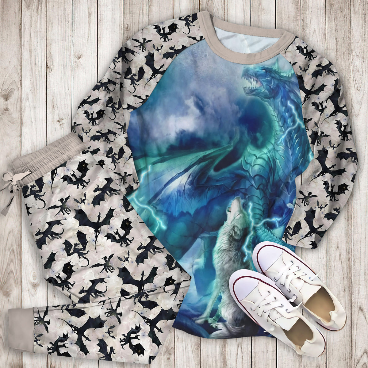 Moonsong Dragon Wolf Pajama Set |Sleepwear Pjs Sets | Raglan Shirt Pants Set
