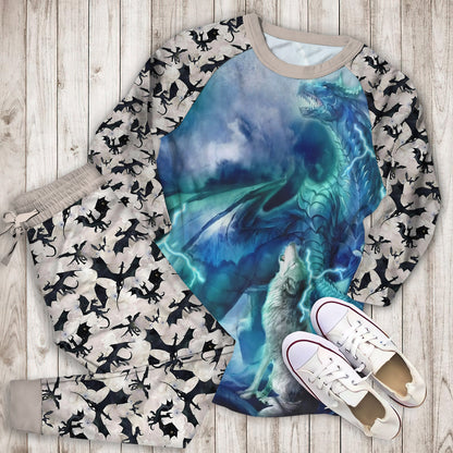 Moonsong Dragon Wolf Pajama Set |Sleepwear Pjs Sets | Raglan Shirt Pants Set