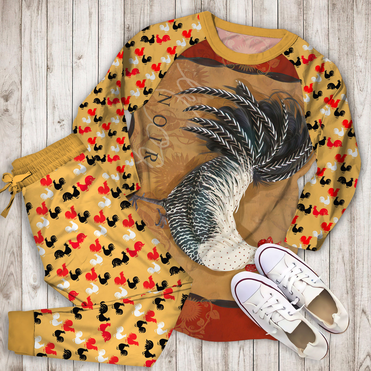 Rooster Noir Pajama Set | Pajamas | Cotton Sleepwear Sets | Soft Long Sleeve Pjs | Raglan Shirt and Pants Set