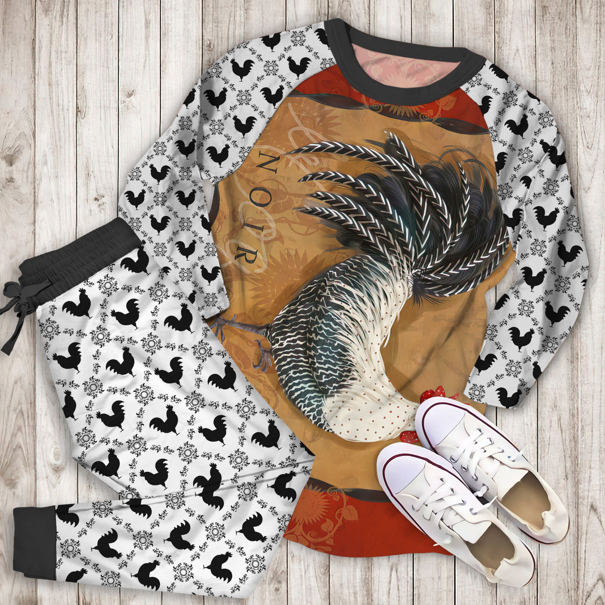 Rooster Noir Pajama Set | Pajamas | Cotton Sleepwear Sets | Soft Long Sleeve Pjs | Raglan Shirt and Pants Set