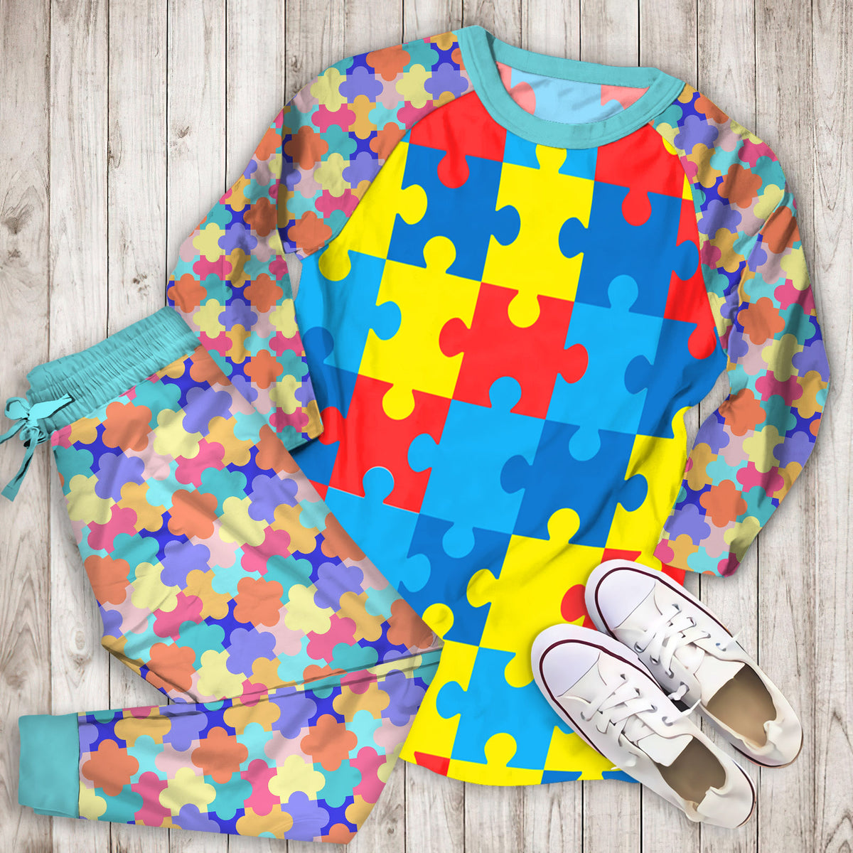 Autism Awareness Puzzles Pajama Set |Sleepwear Pjs Sets | Raglan Shirt Pants Set