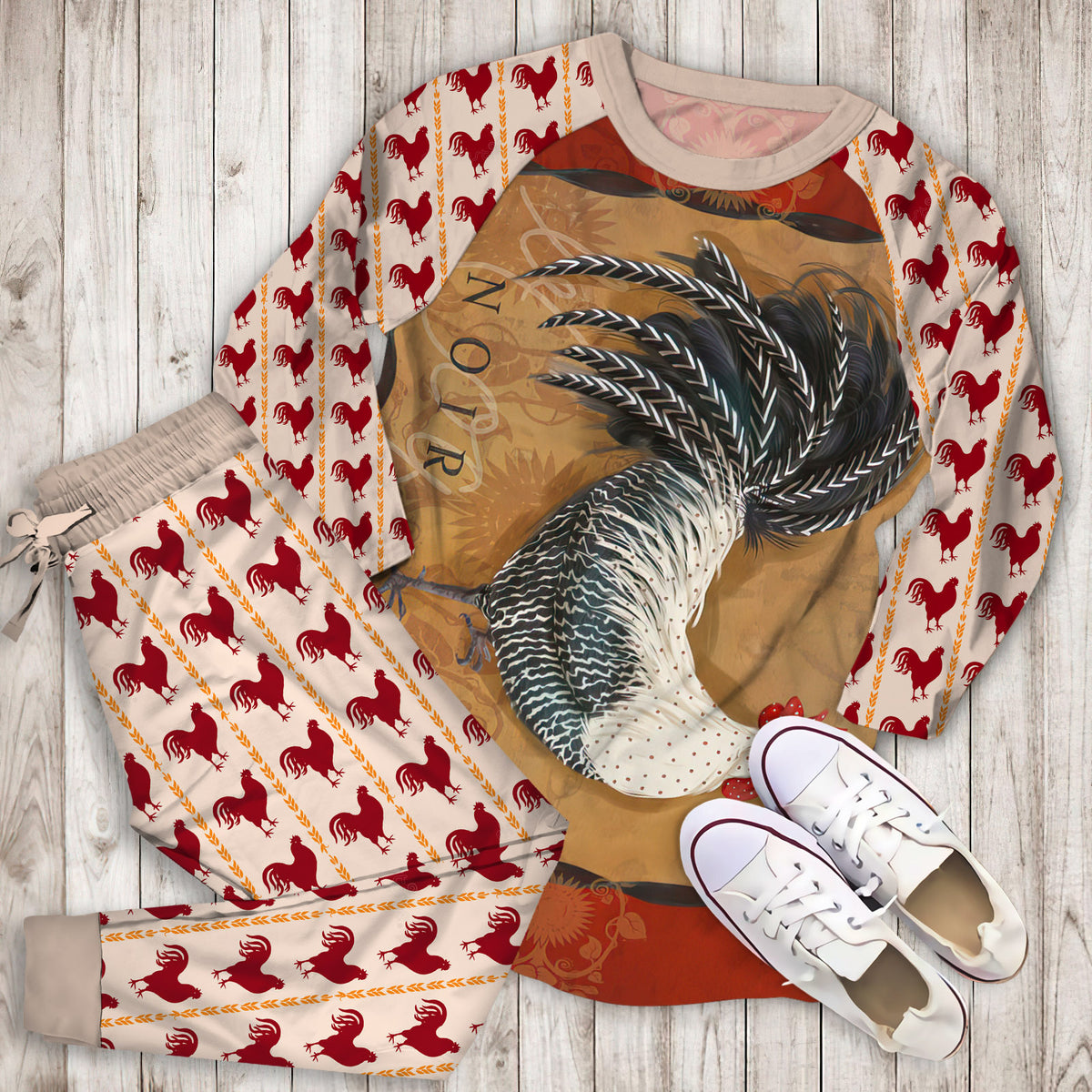 Rooster Noir Pajama Set | Pajamas | Cotton Sleepwear Sets | Soft Long Sleeve Pjs | Raglan Shirt and Pants Set