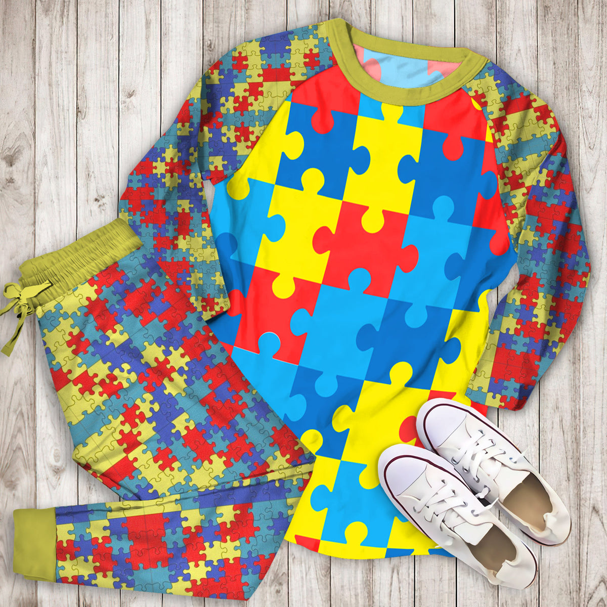 Autism Awareness Puzzles Pajama Set |Sleepwear Pjs Sets | Raglan Shirt Pants Set