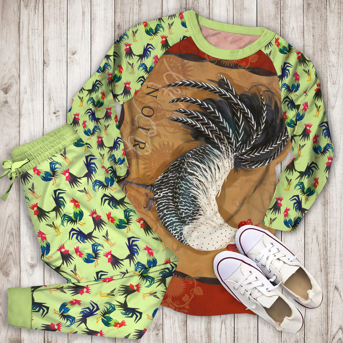 Rooster Noir Pajama Set | Pajamas | Cotton Sleepwear Sets | Soft Long Sleeve Pjs | Raglan Shirt and Pants Set