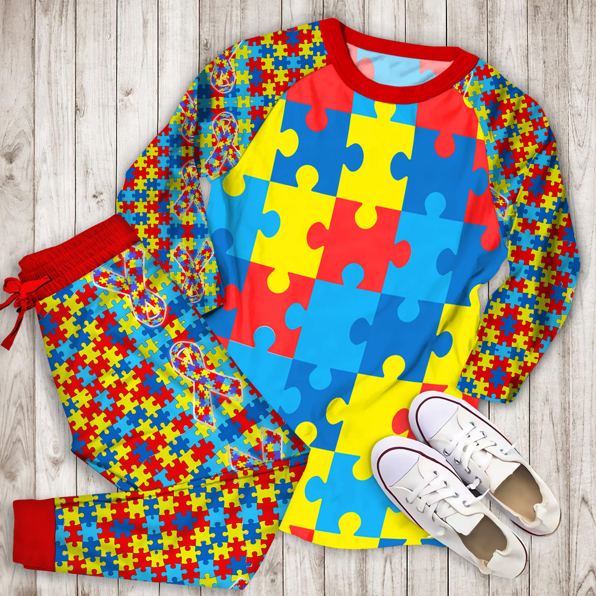 Autism Awareness Puzzles Pajama Set |Sleepwear Pjs Sets | Raglan Shirt Pants Set