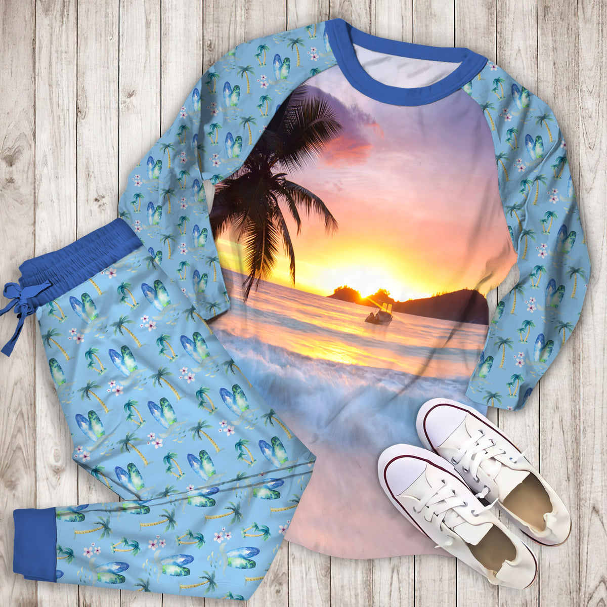 Beach Pajama Set | Pajamas | Cotton Sleepwear Sets | Soft Long Sleeve Pjs | Raglan Shirt and Pants Set