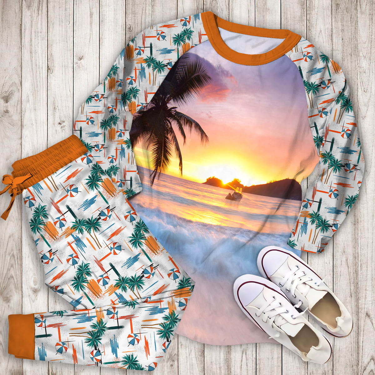 Beach Pajama Set | Pajamas | Cotton Sleepwear Sets | Soft Long Sleeve Pjs | Raglan Shirt and Pants Set