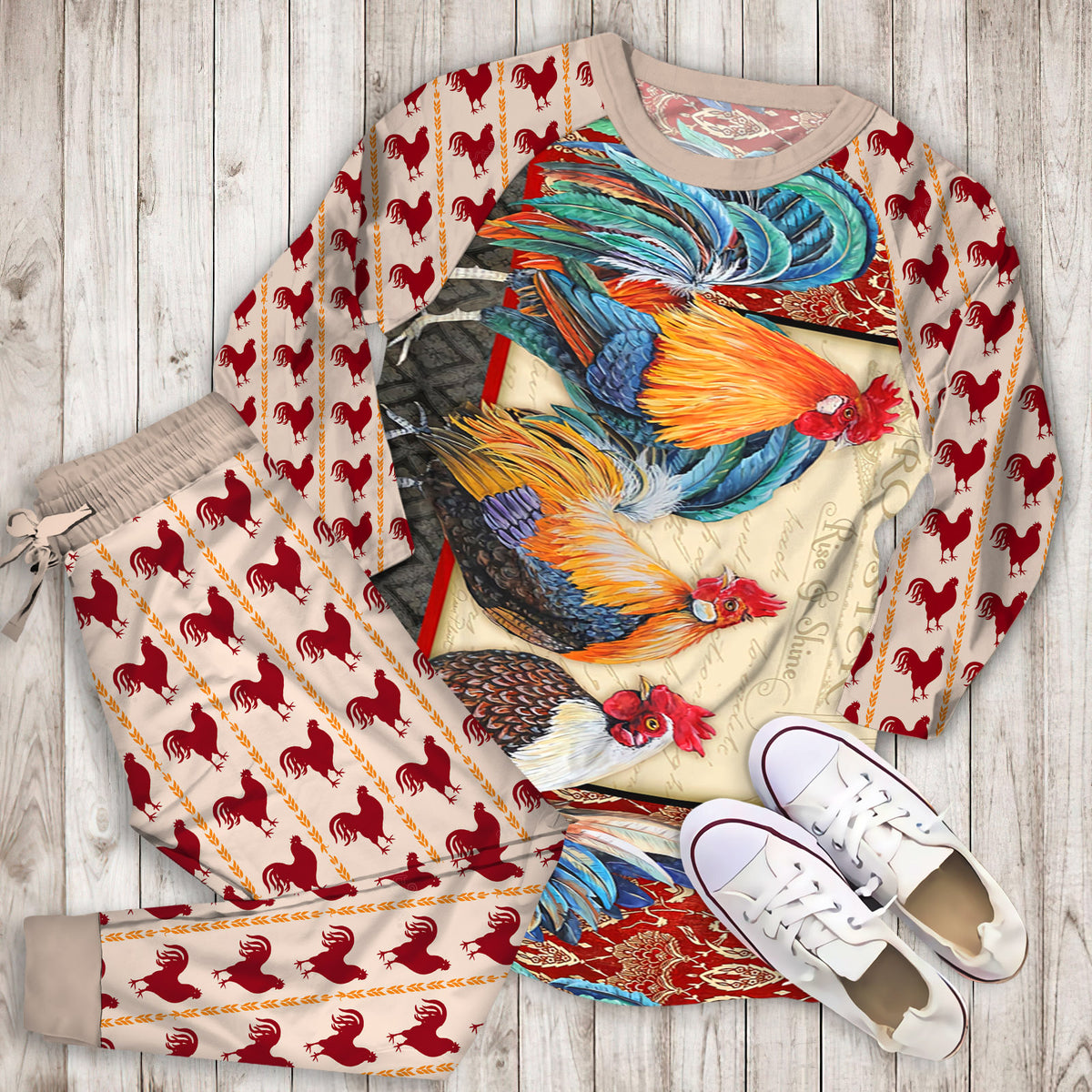 Rooster Pajama Set |Sleepwear Pjs Sets | Raglan Shirt Pants Set
